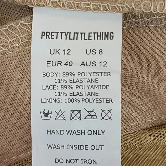 PrettyLittleThing Stone Shape Lace Mesh Stripe Midi Dress Tan Beige Bodycon 8 - Picture 10 of 15